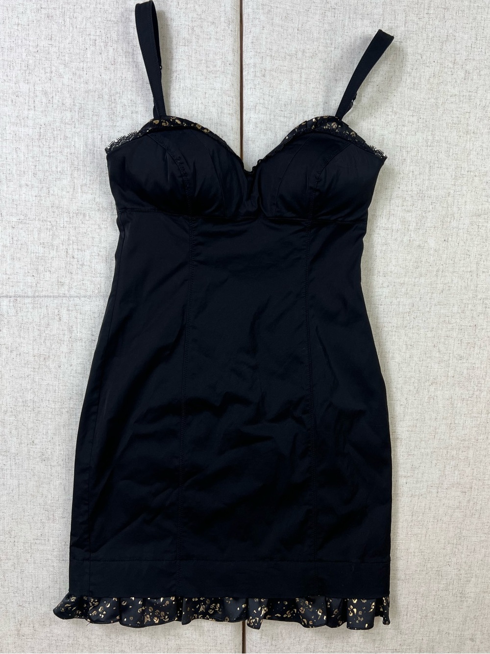 Vintage Guess Jeans Black Bustier Mini Dress | Y2K Metallic Gold Trim Slip Dress